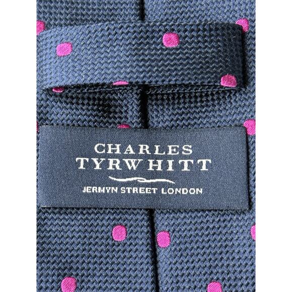 CHARLES TYRWHITT Men's 100% Silk Necktie Designer Navy Blue Pink Polka Dots EUC - Picture 4 of 9